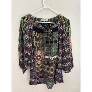 Figueroa & Flower Mixed Print Lace Yoke Boho Blouse Green Purple Small
A1022